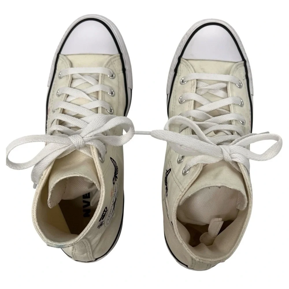 Converse Kids High Top Boots in Cream with Black and Pink Butterfly Embroidery